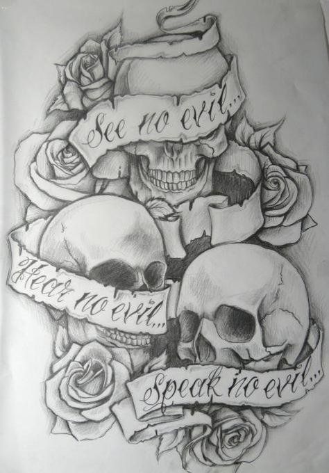 see no evil, hear no evil, speak no evil Evil Skull Tattoo, Evil Tattoo, Evil Tattoos, Kunst Tattoos, Sugar Skull Tattoos, Hear No Evil, Speak No Evil, Geniale Tattoos, See No Evil