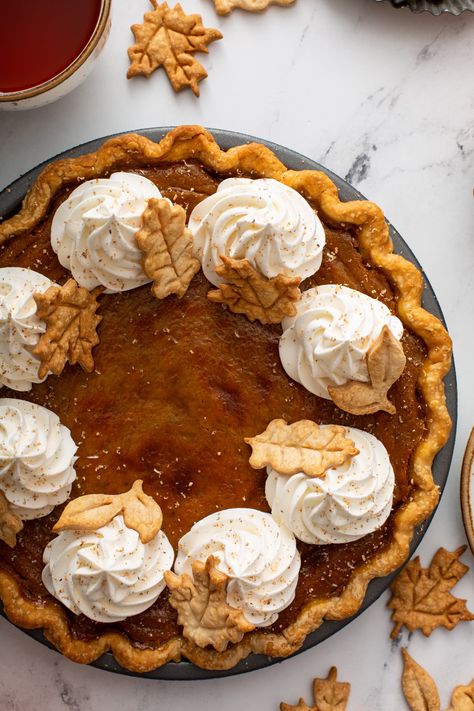 Our classic pumpkin pie totally made from scratch, from the best pie crust recipe ever to a pumpkin filling that is perfectly spiced and creamy, it is a must-make every Thanksgiving. #pumpkinpie #thanksgivingdesserts #pierecipe Best Pie Crust Recipe, Vegan Pumpkin Pie Recipe, Classic Pumpkin Pie Recipe, Classic Pumpkin Pie, Pumpkin Filling, Oh Sweet Basil, Buttery Pie Crust, Vegan Whipped Cream, Vegan Pumpkin Pie