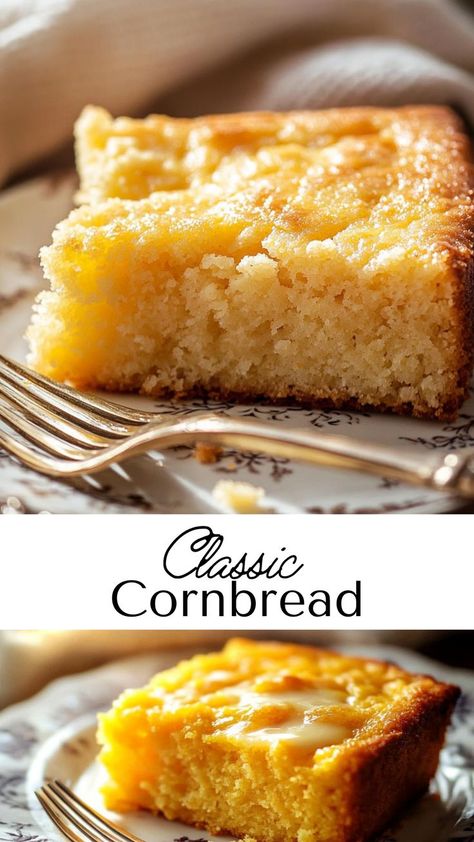 Warm up with classic cornbread, a fall dinner idea that’s rich in flavor and easy to make. This golden, slightly sweet bread is perfect alongside roasted meats, chili, or as a comforting snack with jam. Experience the nostalgia of homemade cornbread with every delicious bite. Cornbread With Canned Corn, Cornbread Recipes Homemade, Cornbread Cake Recipe Desserts, Cornbread Recipe For Two, Flat Cornbread, Cornbread Mix Recipes, Cajun Cornbread Recipe, Home Made Cornbread, Cheesy Cornbread Recipe