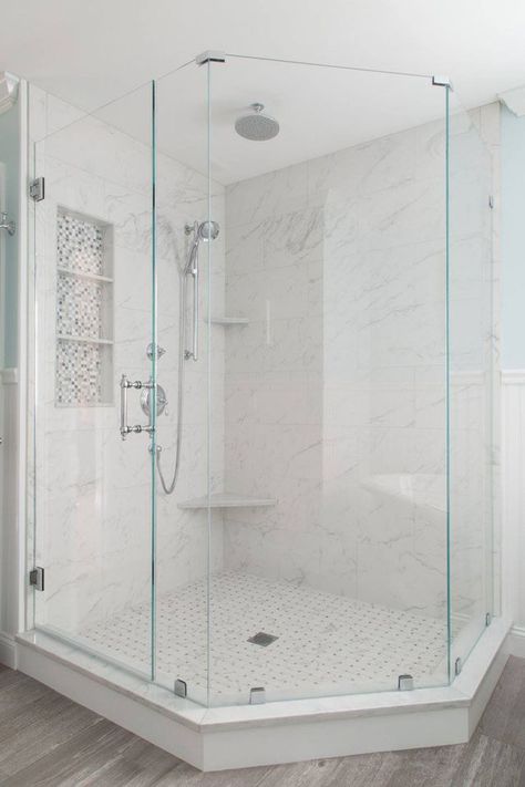 Supply New England's Kitchen and Bath Gallery | House of Turquoise | Bloglovin’ Glass Corner Shower, House Of Turquoise, Master Shower, Master Bath Remodel, Diy Bathroom Remodel, Bathroom Remodel Shower, Corner Shower, Diy Remodel, Simple Bathroom