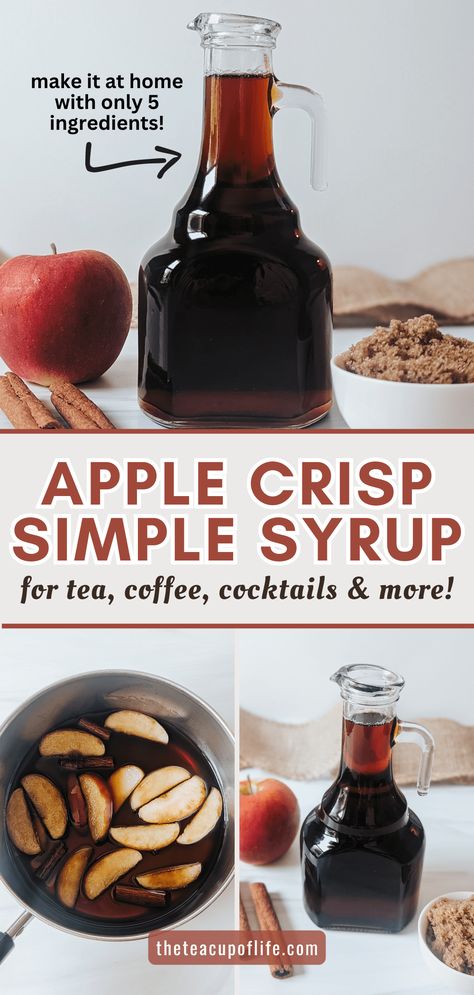 Step aside pumpkin, apple is here! This homemade Apple Crisp Simple Syrup is made with brown sugar, apples and cinnamon to taste like the timeless fall dessert. Use this simple syrup to sweeten and flavour tea, coffee, ice cream and so much more. Apple Crisp Simple, Apple Cinnamon Tea Recipe, Apple Syrup Recipe, Flavored Coffee Recipes, Apple Cinnamon Tea, Homemade Coffee Syrup, Homemade Apple Crisp, Apple Brown Sugar, Simple Syrup Recipe