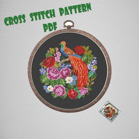 Vintage Cross stitch pattern Pheasant with bright tail - instant pdf download - roses flower - small bird - flower branch Vintage Cross Stitch Pattern, Vintage Cross Stitch, Roses Flower, Vintage Cross Stitches, Flower Branch, Dmc Thread, Small Birds, Cross Stitch Chart, Pheasant