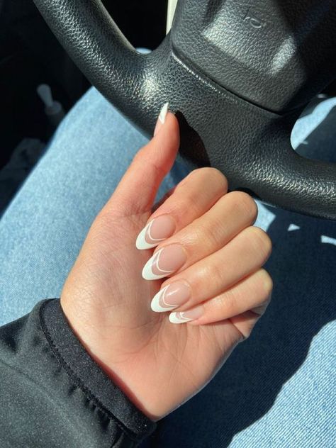 French Tip Acrylic Nails With Silver Line, Silver French Tip Nails Round, Formal French Tip Nails, White French Tip Nails Two Lines, Almonds French Tip Nails, Almond French Tip With Glitter Line, Medium Length Almond Nails French Tip, White French Tip Nails With Glitter Almond, Medium Almond Nails Designs Classy