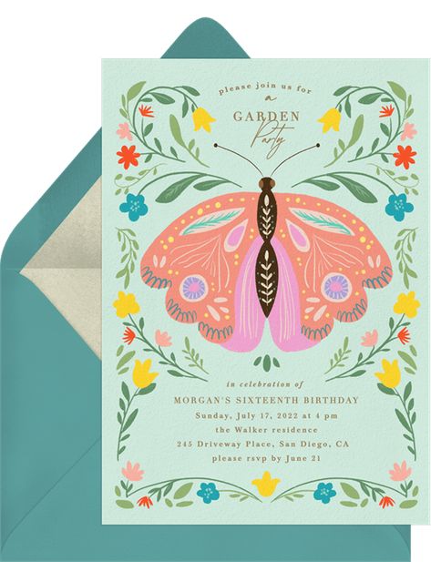 Looking for a pretty digital invite for events this spring/summer? Hop into @greenvelope to find their latest designs. 'Folksy butterfly' is a pretty garden-themed party invite featuring a beautiful butterfly. This invite can easily used for any of the spring and summer/warm weather outdoor parties and events. #invite #party #invitation #garden #butterfly #outdoor #folksy #pretty #botanical #green #pink #yellow #red #orange #digitalinvite Garden Birthday Invitations, Summer Garden Party Invitations, Nature Party Invitations, Spring Fling Invitation, Spring Garden Birthday Party, Garden Birthday Party Invitations, Butterfly Invite, Spring Party Invitations, Illustrated Birthday Invitations