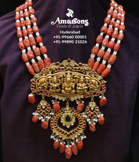 Coral beads haram with Ganesh pendant Amarsons Jewellery, Beads Haram, Laxmi Ganesh, Heavy Jewellery, Ruby Chain, Coral Jewellery, Ganesh Pendant, Coral Jewelry Set, Bridal Diamond Necklace