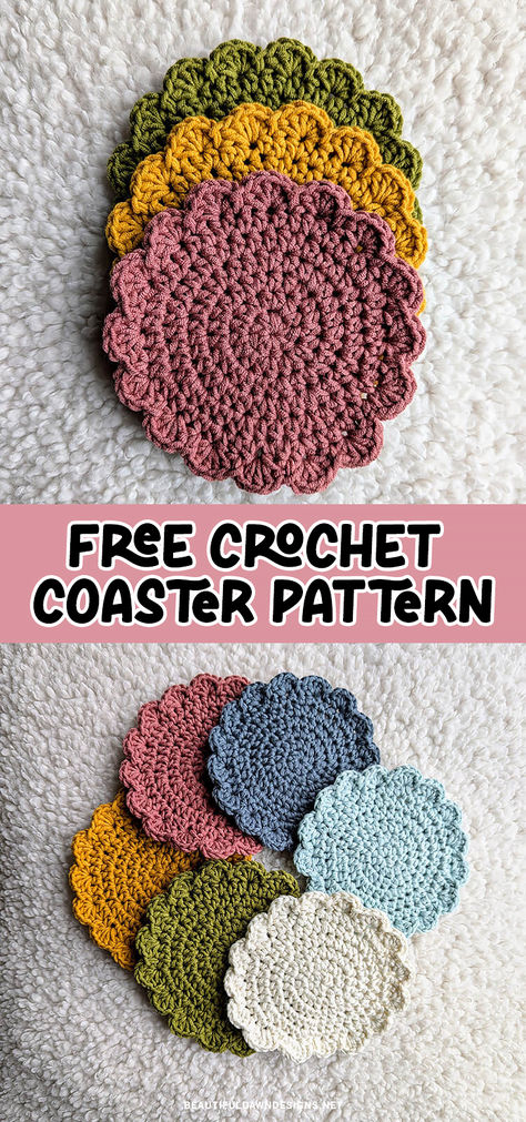 One of these quick and easy crochet coasters can be made in under 30 minutes. That makes them the perfect project for an afternoon or evening crochet session. Use this free pattern to make easy handmade gifts for friends and family. Single Crochet Coaster, Small Crochet Coaster Pattern Free, Crochet Patterns For Coasters, Crochet Coaster Pattern Diagram, Coaster Crochet Easy, Crochet Coasters Free Pattern Easy Round, Easy Coaster Crochet Pattern Free, Crochet Coaster Set With Holder Free Pattern, Free Crochet Pattern For Coasters