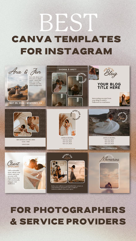 Capture your photography business's essence with these stunning Instagram Canva templates. Tailored for photographers, these templates ensure your work shines in every post. Perfect for showcasing your portfolio, promotions, or simply sharing your day. Easy to customize and easy to use. #CanvaTemplates #Photography Instagram Feed Ideas Photographers, Photography Templates Instagram, Instagram Posts For Photographers, Photographer Social Media Post Ideas, Best Canva Templates, Salon Content, Insta Templates, Logo Design Color Palette, Autumn Instagram