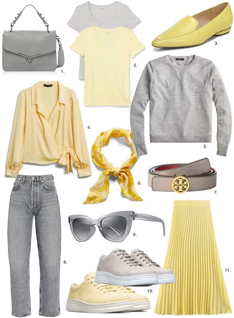 Yellow Skirt Outfit, Yellow Skirt Outfits, Yellow Pleated Skirt, Grey Outfits, Gray Outfit, Camper Sneakers, Monochromatic Outfit, Agolde Jeans, Outfits Dressy