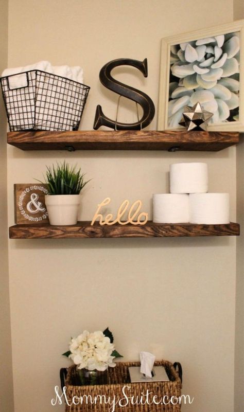 15 Easy Bathroom Floating Shelves Ideas You Can Build Brown Bathroom Decor Ideas, Floating Shelves In Bathroom, Shelves In Bathroom, Country Christmas Decorating Ideas, Half Bathroom Remodel, Bathroom Shelves Over Toilet, Shelves Over Toilet, Brown Bathroom Decor, Room Storage Diy