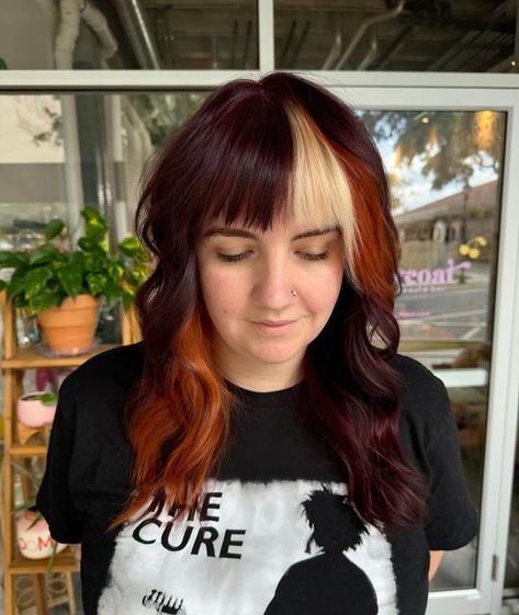 Mallari Collums on Instagram: "Calico lady 😻 @jaimeseamonkey 
.
#ocalahairstylist #ocalamarion #ocalahair #centralflstylist #redhair #copperhair #floridahairstylist #bangs #highlights #blockplacement" Reverse Balayage Red, Alt Fall Hair, Soft Calico Hair, Asymmetrical Highlights, Calico Hair Placement, Calico Hair Color Placement, Calico Streaks, Colored Wolf Cut, Calico Hair Dye