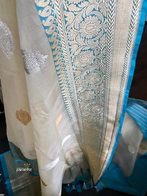 Kora Silk Banarsi - Off White Firozi Kanakavalli Sarees, Saree Borders, Latest Silk Sarees, Pure Chiffon Sarees, Kora Silk Sarees, Simple Saree Designs, Banarsi Saree, Silk Sarees With Price, Silk Saree Banarasi