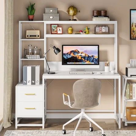 17 Stories Desk with Hutch | Wayfair Office Necessities, Girl Desk, Fantasy Bedroom, Fairytale House, Corner Desk Office, White Desk Office, Wood Computer Desk, Desk With Hutch, Corner Office