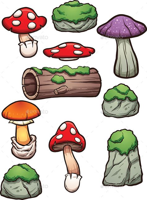 Cartoon mossy rocks and mushrooms. Vector clip art illustration with simple gradients. Each on a separate layer. EPS10 file includ Forest Items, Cartoon Items, Log Drawing Easy, Drawing Moss, Mushroom Illustration Art, Forest Elements, Cute Fungi Drawing, Mushroom Nature Drawing, How To Draw Moss