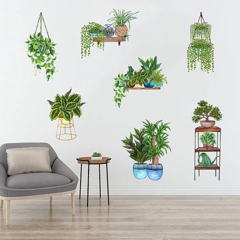 PRICES MAY VARY. 【Size & Packaging】Creative 3D effect green Potted plants wall stickers size: 35”X12” (90cm X 30cm), total 2 sheets. 【Premium Material】Our green plant wall stickers are removable self-adhesive PVC material,easy to peel and stick, removable and waterproof, eco-friendly, never damage the wall. 【Creative Pattern】Beautiful plant bonsai flower wall stickers wall decals, print art and modern design into an eye-catching mural. bright tone and the strong color, perfectly decorate your ro Painting On Wall, Floral Wall Decals, Living Room Background, Diy Vinyl, Mural Floral, Decoration Stickers, Diy Watercolor, Background Decoration, Hallway Decorating