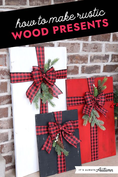 These DIY wood presents are the perfect Christmas decor for your front porch. Our detailed instructions (including what kind of wood to buy) make this an easy project you can complete in an afternoon. DIY Christmas front porch decor. All Season Front Porch Decor, Front Porch Wreaths, Wood Presents, Christmas Front Porch Decor, Outside Christmas Decorations, Winter Projects, Christmas Front Porch, Christmas Porch Decor, Front Porch Decor