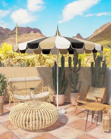 HFR14 California Umbrella Three-Tone 8.5' Pagoda Series Patio Umbrella Topiary Plants, Outdoor Fan, Concrete Pots, Outdoor Sconces, Market Umbrella, Concrete Planters, Scalloped Trim, Acrylic Fabric, Outdoor Ceiling Fans