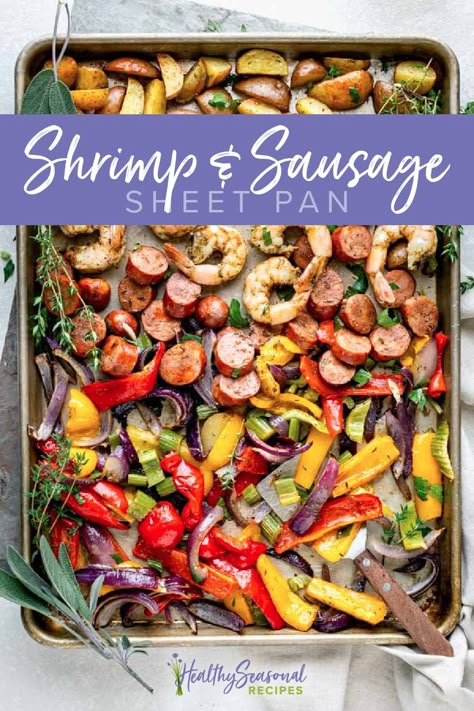 This Shrimp and Sausage Sheet Pan recipe is BIG on flavor, but so easy! #sheetpan #shrimpandsausage Shrimp And Sausage Sheet Pan, Sausage And Shrimp Recipes, Shrimp And Potatoes, Dinners With Chicken, Sausage Sheet Pan Dinner, Sausage Sheet Pan, Shrimp Fajita Recipe, Sheet Pan Shrimp, Shrimp And Sausage