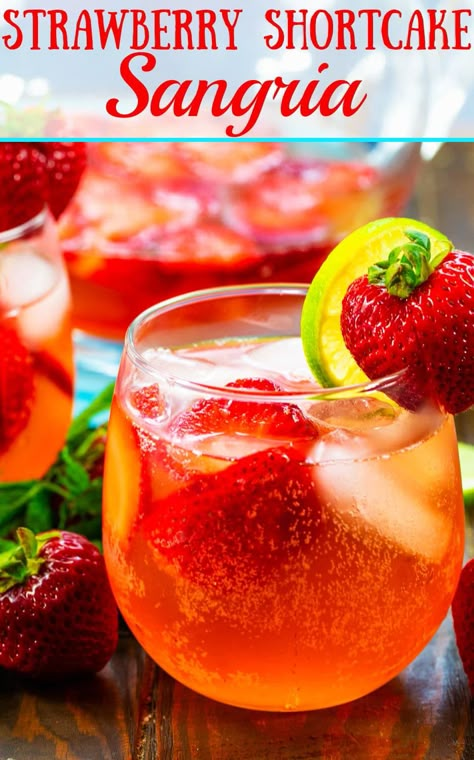 Strawberry Shortcake Sangria made with moscato wine and cake-flavored vodka. Strawberry Wine Punch, Strawberry Shortcake Alcoholic Drink, Strawberry Sangria Recipes, Valentines Sangria, Strawberry Shortcake Wedding, Wine Treats, Vodka Sangria, Colorado Recipes, Sangria Summer