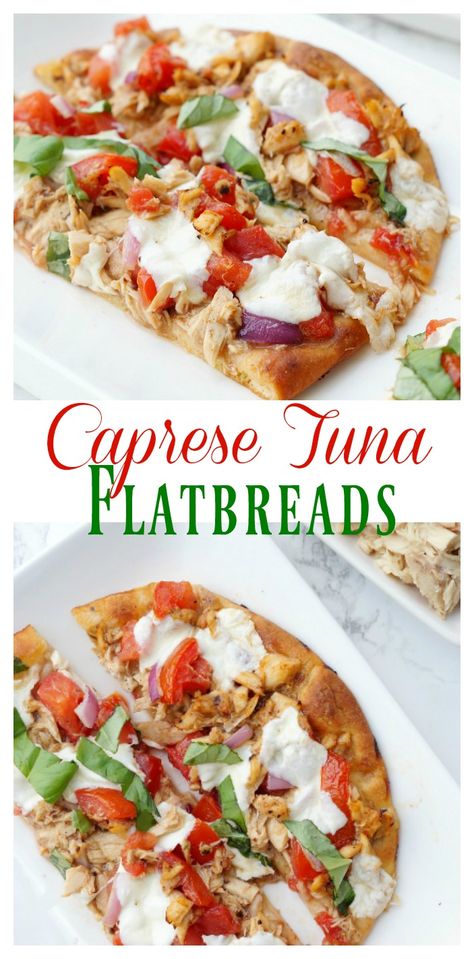 Caprese Tuna Melt Flatbreads Recipes Pizza, Marinated Tomatoes, Tuna Melt, Albacore Tuna, Lunch Recipe, Amazing Appetizers, Greek Food, Small Meals, Fresh Mozzarella