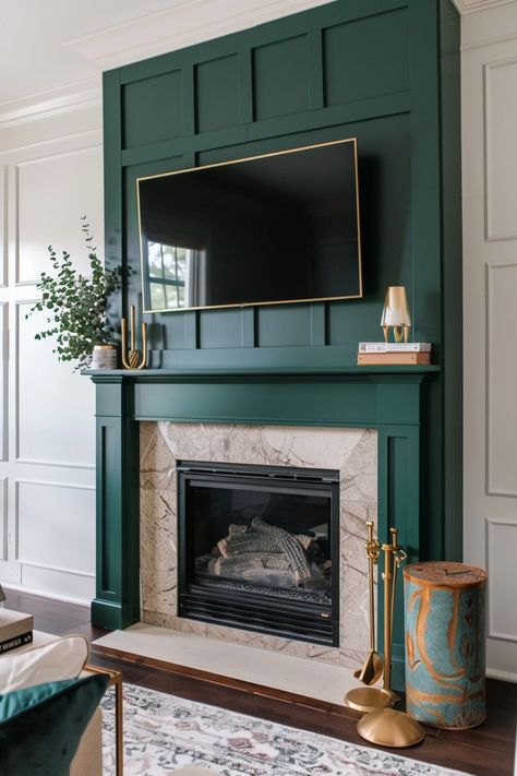 Revamp your living space with stylish fireplace wall ideas featuring a wall-mounted TV. Check out more ideas in this article. Painted Fireplaces Wooden, Large Tv On Wall, Tv Wall With Fireplace Ideas, Fireplace Wall Accent Color, Mantel With No Fireplace, Dark Tv Wall Design, Mantel Makeover Diy, Build In Fireplace And Tv, Living Room Fireplace Wall Decor Ideas