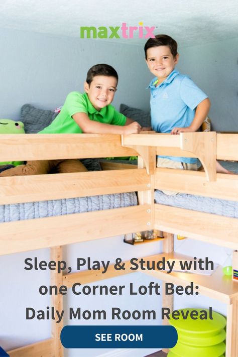 Sleep, Play & Study with one Corner Loft Bed: Daily Mom Room Reveal Corner Loft Bed, Corner Loft Beds, Loft Beds For Kids, High Loft Bed, Mom Room, Corner Loft, Kids Loft, Kids Loft Beds, Loft Beds