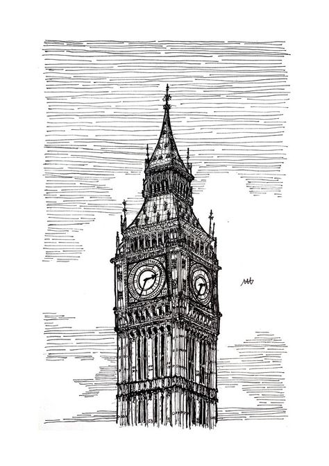 Big Ben Drawing, Wall Clock Drawing, London Clock Tower, Art Sketch Pen, London Sketch, Tower Clock, Clock Drawings, London Drawing, Big Ben Clock