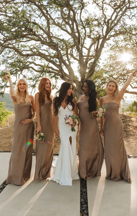 Taylor Tube Maxi Dress ~ Dune Luxe Satin – Show Me Your Mumu Mocha Bridesmaid Dresses, Tan Bridesmaids, Tan Bridesmaid Dresses, Beige Bridesmaid Dress, Beige Bridesmaids, Rustic Bridesmaid Dresses, Tube Maxi Dress, Fall Wedding Bridesmaids, Brown Bridesmaid Dresses