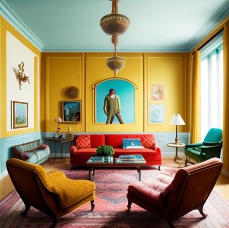 Wes Anderson Aesthetic Room, Wes Anderson Home Interiors, Wes Anderson Aesthetic Living Room, Wes Anderson Living Room Decor, Wes Anderson Interior Design Bedroom, Wes Anderson House Aesthetic, Wes Anderson Interior Design Living Room, Wes Anderson House Decor, Wes Anderson Furniture