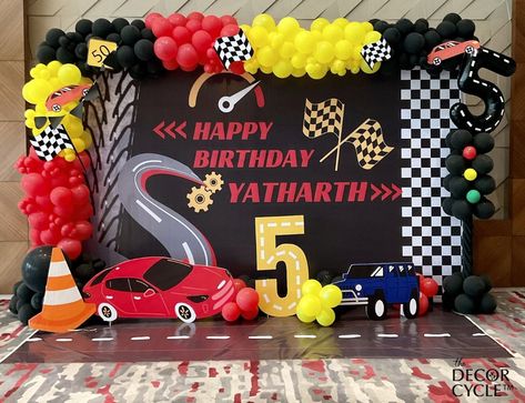 5th Birthday, Racing car theme #birthdaydecor #5thbirthday #racingcar #balloondecor #balloonbackdrop #balloonsetup #balloonphotobooth #kidsbirthday Car Theme Party, Race Car Themes, Decoration Balloon, Car Themed Parties, Car Theme, Car Themes, Balloon Backdrop, Balloon Decor, Racing Car