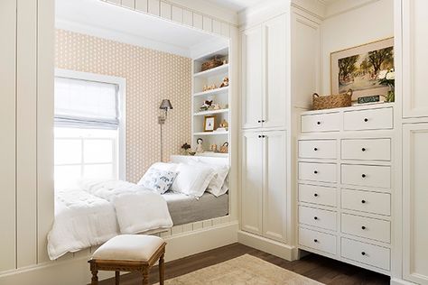 Dresser In Front Of Window With Curtains, Built In Bedroom Closet Wall, Sleeping Nooks, Bed Nook, Built In Bed, Carroll County, Custom Furniture Design, Traditional Interior Design, Girl’s Room