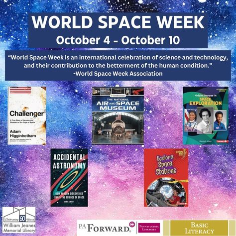 This year's World Space Week starts today and goes through to Thursday, October 10th, and the theme is "Space & Climate Change". Stop by to check out these books to learn more about how vital space technology is in monitoring climate and weather patterns. #WorldSpaceWeek #PAForward #BasicLiteracy #SpaceTechnology World Space Week, Climate And Weather, Space Week, Space Technology, Air And Space Museum, Weather Patterns, October 10, Human Condition, Space Station