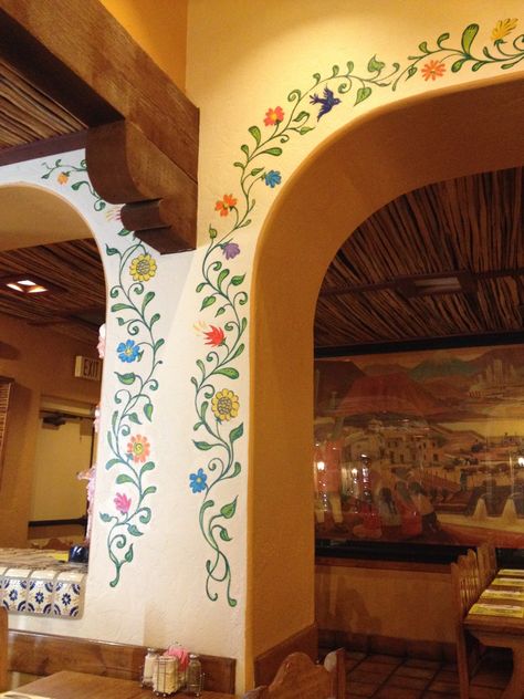 Mexican Colors Wallpaper, Tiny Wall Murals, Wood Painted Ceiling, One Color Bedroom Ideas, Mexican Painted Doors, Hand Painted Tables Ideas, Mexican Wall Murals Painted, Mural Pattern Design, Funky Kitchen Ideas Bohemian