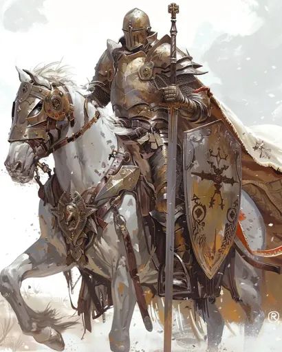 ↑↑↑ Larger size on website 🔸 A knight in full plate armor, riding a white horse, is depicted in a painting. The knight wields a l 🔸 From Midjourney AI Image Full Plate Armor, Horse Knight, Folio Ideas, Knight Horse, Knight On Horse, Art Folio, Plate Armor, Horse Armor, The Knight