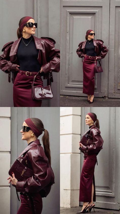 Stylish Jeans Outfit, Maroon Leather Jacket, Burgundy Outfit, Fall Fashion Trends Women, Statement Jacket, Maroon Leather, Paris Outfits, Backless Prom Dresses, Mode Inspo