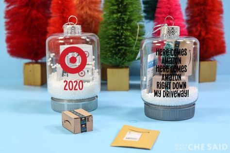 Amazon Box Ornament Diy, Amazon Ornaments Diy, Diy Gumball Machine, Mickey Mouse Ornaments, Amazon Box, Amazon Christmas, Grinch Ornaments, Quick Crafts, Christmas Packaging