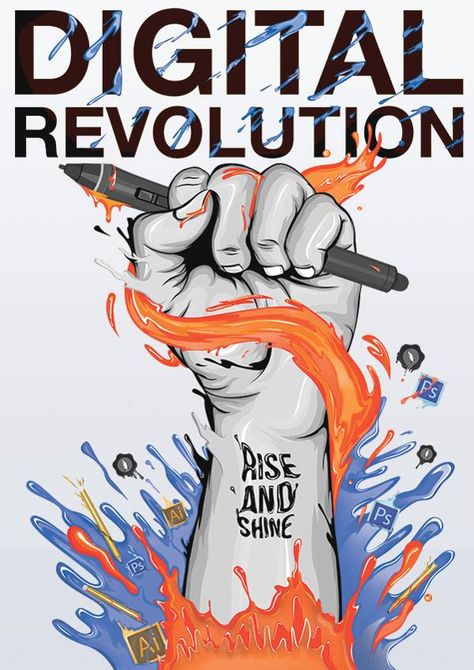 poster design Revolution Poster, Creative Advertising Design, Digital Revolution, Poster Drawing, Graphic Design Lessons, Creative Poster Design, Digital Art Illustration, Creative Posters, Photoshop Design