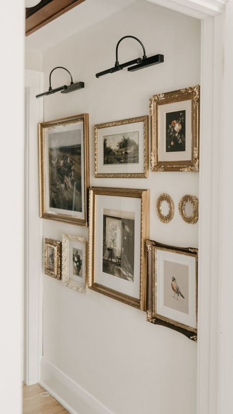 Golden Picture Frames On The Wall, Lighted Gallery Wall, Gold Photo Wall, Vintage Gallery Wall Ideas, Photo Gallery Wall Layout, Picture Wall Ideas, Gold Gallery Wall, Gallery Wall Layout, Narrow Hallway Decorating