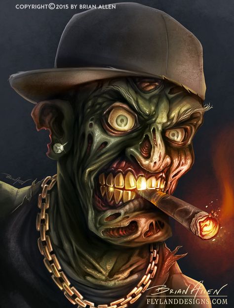 Here is the final digital painting of a zombie I was hired to create for the author Danny King as an avatar and branding identity for his sports blog. I really enjoy making things look creepy and funny at the same time - I tried to pump a lot of personality into the character. I really like drawing people and zombies smoking cigars - not sure why that is. This zombie painting was created in Manga Studio 5, with color adjustments and effects handled in Adobe Photoshop. Pro Pic, Arte Zombie, Manga Studio, Clown Posse, Adrienne Bailon, Zombie Art, Insane Clown, Arte Alien, Raider Nation