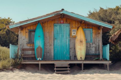 Rustic beach shack with four surfboards in front of it royalty free stock photography Surf Shack Exterior, Surf Beach House, Surf Board Decor, Surfer Shack, Surf Shacks, Vampire Manga, Business Design Ideas, Surfer Vibes, Beach Shacks