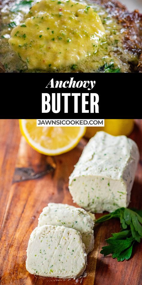 This quick and easy umami-rich Anchovy Butter recipe is the perfect upgrade to steaks, pork chops, roasted veggies and more! Make any meal restaurant worthy in minutes with this simple compound butter spread! Anchovies Paste Recipe, Anchovy Butter Recipe, Recipes With Anchovies, Anchovy Paste Recipes, Anchovies Butter, Anchovy Bread, Anchovy Dip, Anchovies Recipes, Compound Butter Recipes