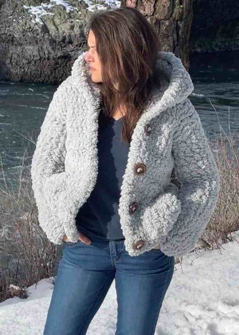 Yeti Hooded Sherpa Jacket Free Crochet Pattern - Off the Beaten Hook Hooded Cardigan Pattern, Free Crochet Jacket Patterns, Crochet Coats, Crochet Jacket Pattern, Crochet Cardigans, Crochet Hoodie, Knitted Items, Knitting And Crochet Patterns, Crochet Sweaters