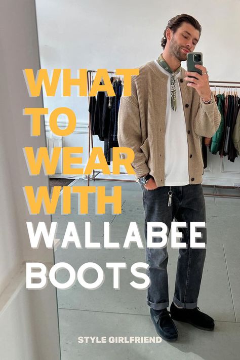 headline: what to wear with wallabee boots, image: man in oatmeal-colored cardigan, white t-shirt, light green bandana, black jeans, and black suede Clarks wallabee boots Wallabee Outfit Men, How To Style Clarks Wallabees, Clarks Shoes Mens Outfit, Clarks Wallabees Men Outfit Mens Fashion, Wallabee Outfit, Clarks Desert Boot Outfit Men, Clarks Shoes Outfit, Clarks Desert Boot Outfit, Clarks Wallabees Men Outfit