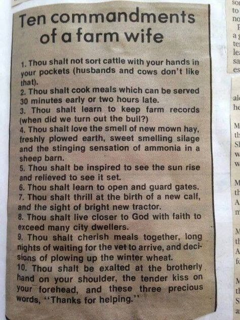 10 Commandments of a Farm Wife ❤️. I can say most of these apply to me! We don't ever see the sight of a new tractor though. haha Farm Life Quotes, Farmer Quotes, Farm Quotes, Farm Humor, Cowboy Quotes, Farming Life, Farmers Wife, Farm Wife, Farmer Wife