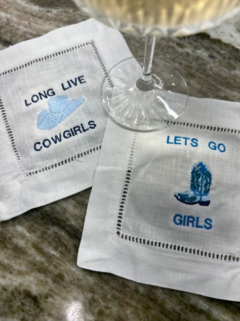 Coastal Cowgirl Embroidered Cocktail Napkins Cowgirl Bachelorette Aesthetic, Coastal Cowgirl Party Decor, Pottery Bachelorette Party, Coastal Cowgirl Wedding, Coastal Cowgirl Bachelorette Decor, Coastal Cowgirl Birthday, Bach Favors, Cowgirl Bachelorette Theme, Cowgirls And Cocktails