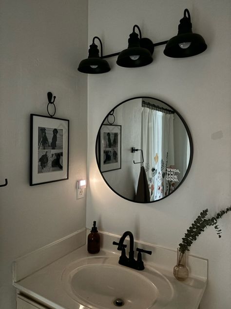 Perfect mirror for your guest bathroom 🪞 Bathroom With Circle Mirror, Black Circle Mirror Bathroom, Modern Bathroon, Circle Bathroom Mirror, Circle Mirror Bathroom, Bathroom Mirror Round, Large Circle Mirror, Circle Mirrors, Stairs Bathroom