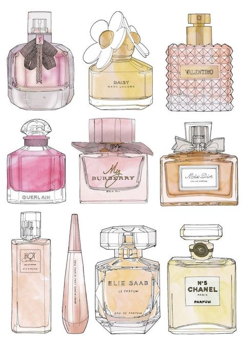 Cool Perfume, Kate Spade Perfume, Perfume Art, Bottle Drawing, Fashion Wall Art, Room Posters, Perfume Collection, Barcelona Spain, الرسومات اللطيفة