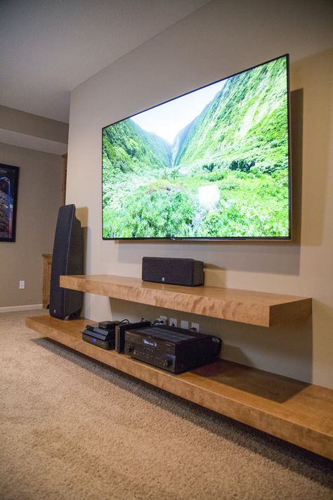 Wood Entertainment Unit, Floating Shelves Entertainment Center, Farmhouse Entertainment Center, Tv Mounted, Built In Entertainment Center, Floating Shelves Living Room, Fireplace Entertainment Center, Tv Stand Designs, Diy Entertainment