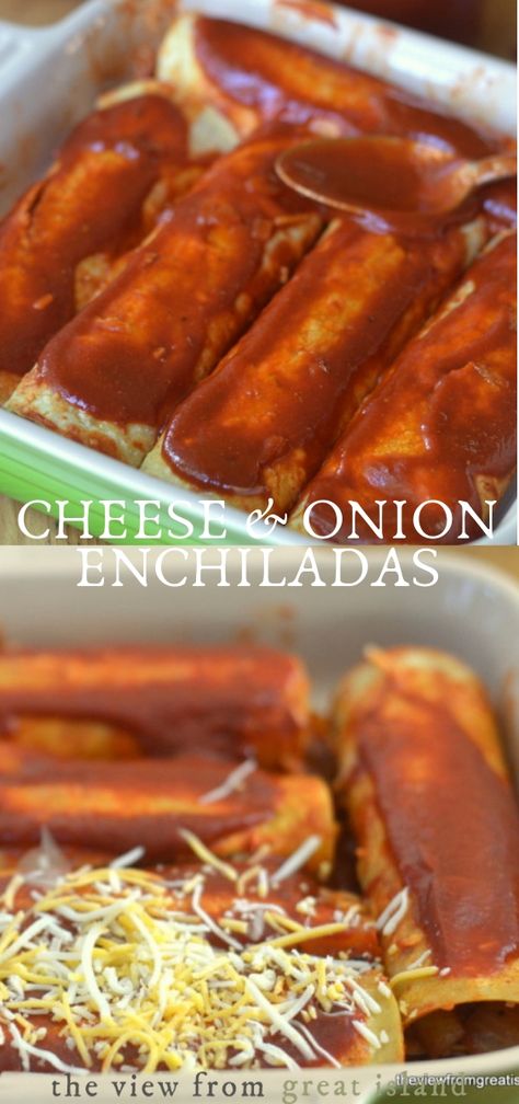 Cheese and Onion Enchiladas ~ a simple, warming, 30 minute meal that proves delicious food doesn't have to be complicated.  This authentic Mexican classic is easy enough for a weeknight dinner. #easy #recipe #mexican #tortillas #enchiladas #redsauce #chile #chilesauce #dinner #30minute #cheese Cheese And Onion Enchiladas, Easy Mexican Dinner, Southwestern Food, Enchiladas Easy, The View From Great Island, Canadian Recipes, Island Recipes, Meat Meals, Cheese Enchiladas