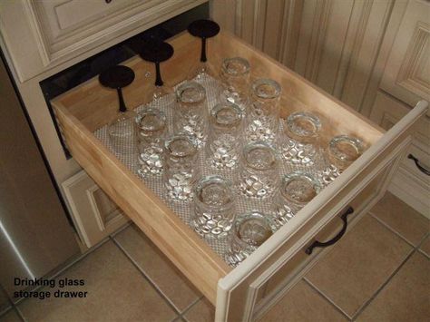 Wine Glass Storage Drawer, Wine Glass Storage In Drawers, Bar Cabinet Decor, Bar Organization, Dining Room Built In, Glass Cupboard, Wine Glass Storage, Double Islands, Open Kitchen And Living Room