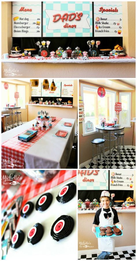 Retro Diner Party with Free Printable Treat Idea #FathersDay http://www.momsandmunchkins.ca/2014/05/20/retro-diner-party/ Retro Diner Party, Diner Party Ideas, 50s Diner Party, 50s Birthday, Grease Party, 50s Theme, Decades Party, 50s Theme Parties, Sock Hop Party